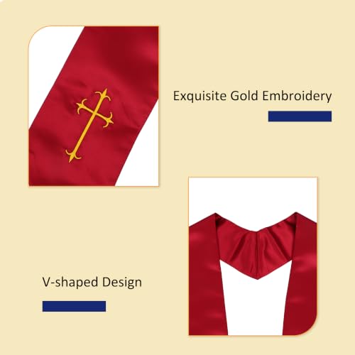 Clergy Stole, Choir Stole with Cross Embroidery 60'' - color: Maroon