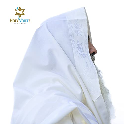 HOLY VOICE 100% Wool Tallit Prayer Shawl Kosher Certified White with Stripes for Men, Made in Israel w/ 100% Wool Tzitzit - color: White Stripes, size: 47"x67"