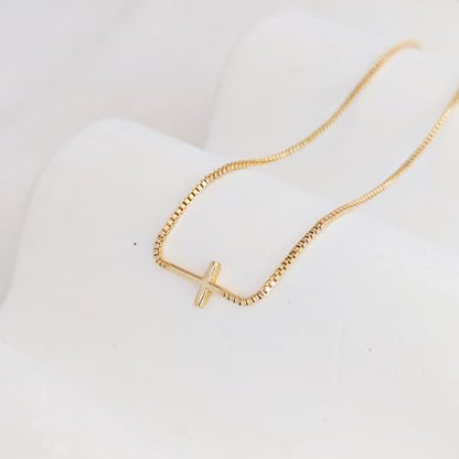 LULII Cross Necklace for Women Dainty 14K Gold Silver Plated Small Cross Pendant Choker Simple Cute Cross Gold Necklace for Women Trendy Faith Jewelry Gift - color: Sideways Cross Box Chain-Gold