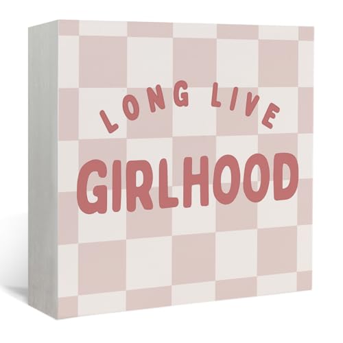 Lacama Girls Room Wooden Box Sign, Long Live Girlhood Decorations Wood Block Signs, Retro Pink Checkered Wood Sign for Toddler Girls Nursery Room Bedroom Desk Shelf Wall Decor 5x5 Inches - color: Long Live Girlhood