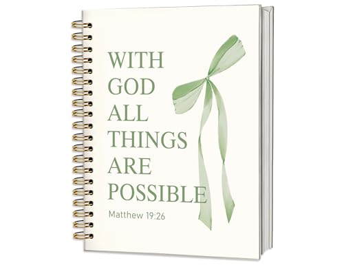 Green Bible Journal for Women, A5 Spiral Christian Notebook & Study Supplies, Cute Hardcover Coquette Bow Diary with Scripture Matthew 19:26 for Church Notes, Prayer & Teen Girls.5.5 x 8.3 Inch - color: (Green) Matthew 19:26