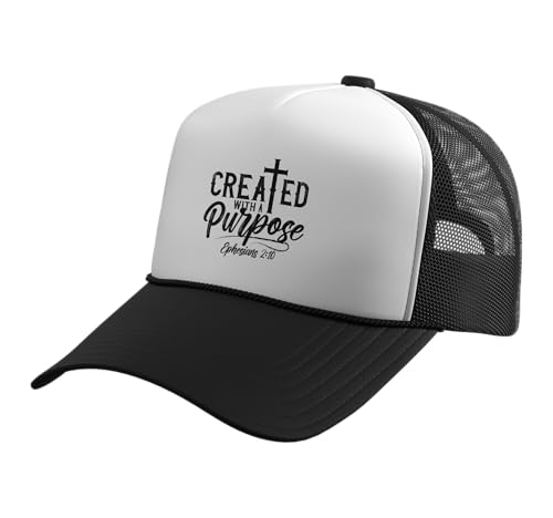 Created with a Destiny Ephesians 2 10 Bible Verses Trucker Hat with Adjustable Mesh Back - color: Black/White