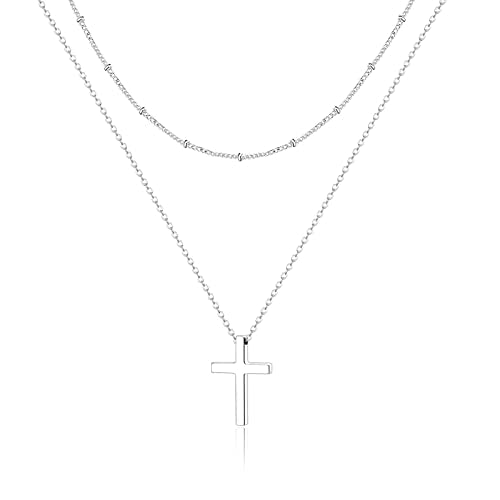 Luxval Cross Necklace for Women -Dainty 14K Gold Plated Cross Necklace Layered Gold Cross Necklace Cross Choker Necklace Gold Cross Necklaces for Women Trendy Gold Jewelry Gifts for Women - color: Silver-Layered Cross