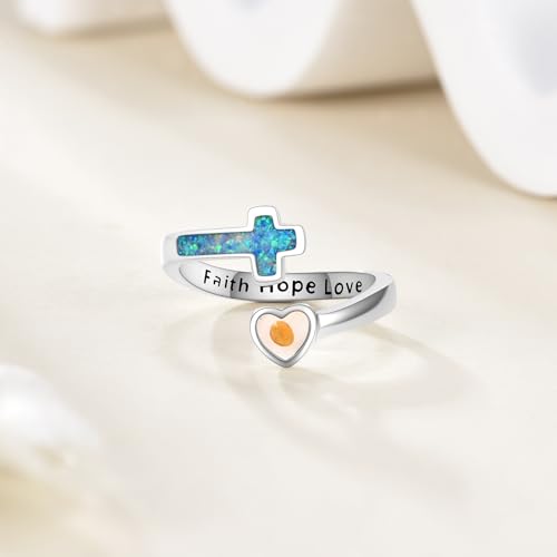 Mustard Seed Cross Ring 925 Sterling Silver Opal/Blue Opal Jewelry Faith Adjustable Ring Gifts for Women Lover - style: Blue Opal Mustard Seed