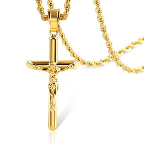 ALEXCRAFT Sterling Silver Plated Cross Necklace for Men Gold Plated Cross Necklaces for Women Trendy Stainless Steel Crucifix Pendant with 3mm 21inch Rope Chain - color: Gold-21in
