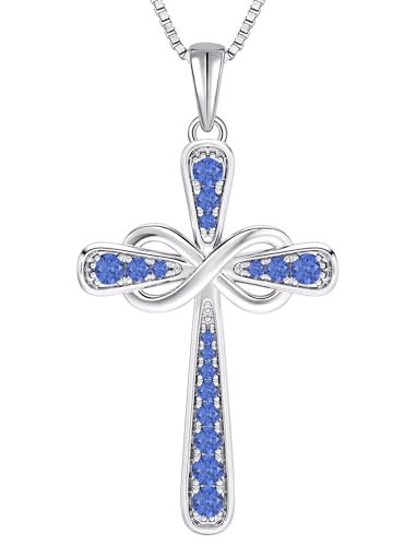 YL 925 Sterling Silver Cross Necklace for Women Halo Infinity Pendant Cubic Zirconia Jewelry for Mom - color: 12-tanzanite-Dec