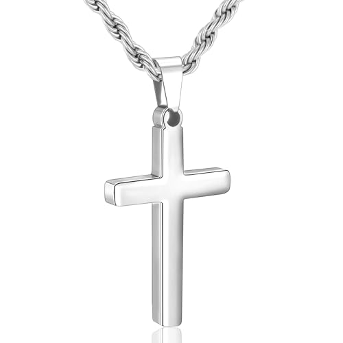 Cross Necklace for Boys Mens Stainless Steel Twisted Rope Chain Cross Pendant Rustproof Necklace for Teen Boy Mens Christian First Communion Confirmation Gifts for Boys - color: Silver