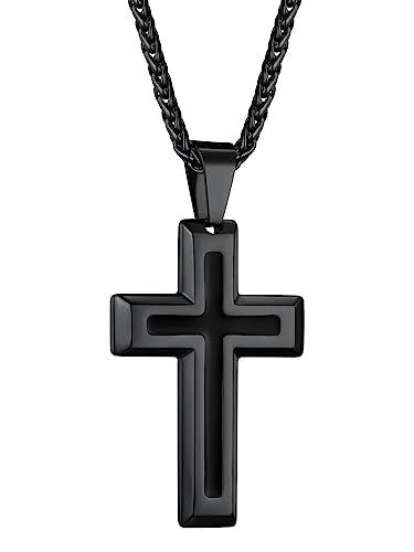 ChainsHouse Cross Necklace for Men, Black/18K Gold Plated/Stainless Steel Christian Jewelry Cross Pendant Necklace for Men, with Gift Box - color: b: Dripping Oil Cross-Black
