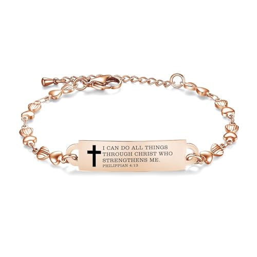 Bible Verse Bracelet-Stainless Steel Scripture Quotes Inspirational Bracelet Faith Christian Bracelet for Women, Christmas gift for women - color: Heart-Rose gold