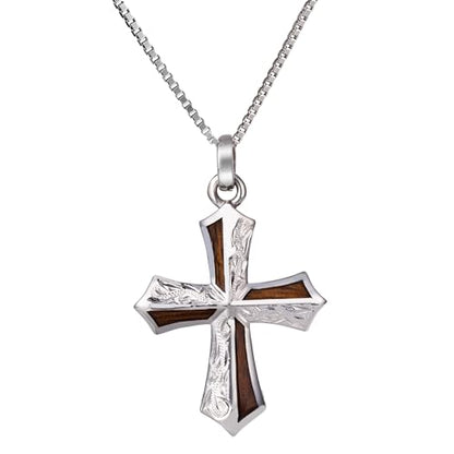 Sterling Silver Koa Wood Inlay Cross Crucifix Necklace Pendant with 18" Box Chain, Nickel Free Hypoallergenic for Sensitive Skin, Gift Box Included - color: Hawaiian Heirloom Cross