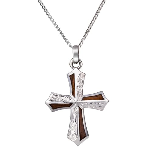 Sterling Silver Koa Wood Inlay Cross Crucifix Necklace Pendant with 18" Box Chain, Nickel Free Hypoallergenic for Sensitive Skin, Gift Box Included - color: Hawaiian Heirloom Cross