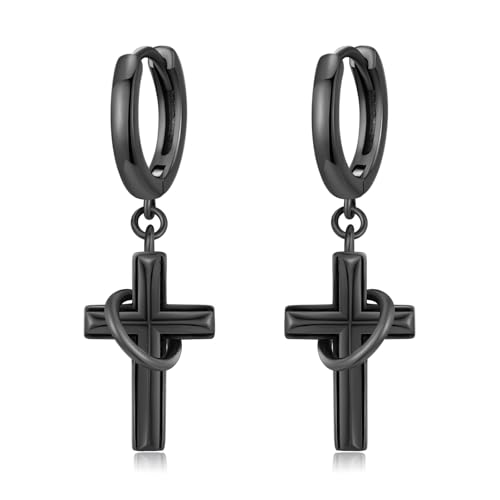 Cross Earrings 925 Sterling Silver Cross Dangle Earrings Christianity Jewelry Gift for Men Women - style: Ring Cross-Black