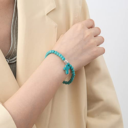 Softones 6mm Bead Cross Pendant Bracelet for Women Healing Stone Stretch Prayer Bracelet for Women,with Gift Box - color: Turquoise
