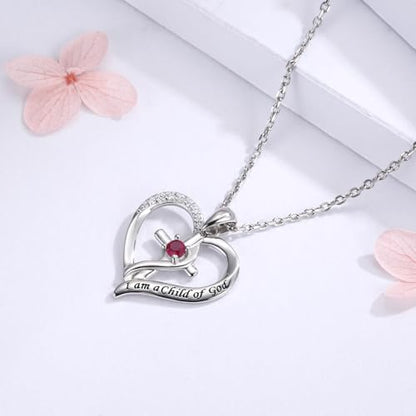 925 Sterling Silver I Am a Child of God Scripture Pendant with Birthstone Heart Cross Communion Necklace for Women Christian Faith Jewelry Gift - color: July