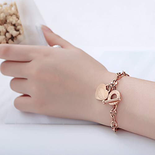 Heart Charm Bracelet for Women 14K Gold/Silver/Rose Gold Tone Stainless Steel Bible Verse Engraved OT Clasp Link Bracelets - color: rose gold