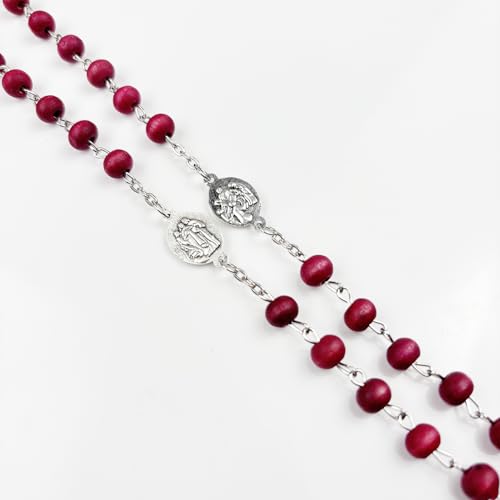 Seven Sorrows of Mary Rosary Wooden Beads Catholic Jewelry Necklace for Pray - color: Red