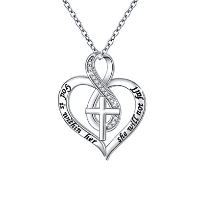 S925 Sterling Silver Christian Cross Heart Faith Bible Verse Necklace Rings - style: God is within her she will not fall..