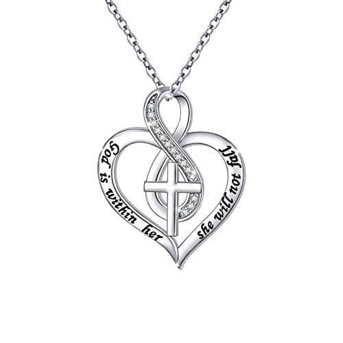 S925 Sterling Silver Christian Cross Heart Faith Bible Verse Necklace Rings - style: God is within her she will not fall..