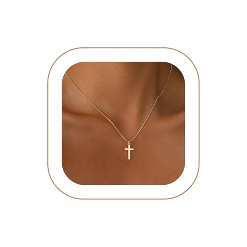 Rotnso Cross Necklace for Women 14K Gold Plated Dainty Small Pendant Choker - style: Thin Box Chain Small Cross-GD