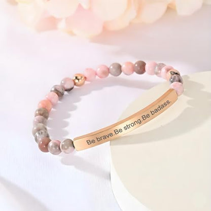 Inspirational Bracelets for Women,18K Gold Plated Christian Bible Verse Faith Jewelry, Religious Jesus Prayer Gift for Mom, Sister, Friend - color: Be brave.Be strong.Be badass.-Pink Zebra Jasper-Rose Gold