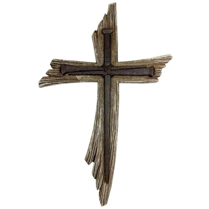Top Brass Rustic 3-Nail Wall Cross – 12 ½” Resin Christian Cross with Weathered Wood Look and Symbolic Nails of Christ’s Crucifixion – Religious Jesus Crucifix Art