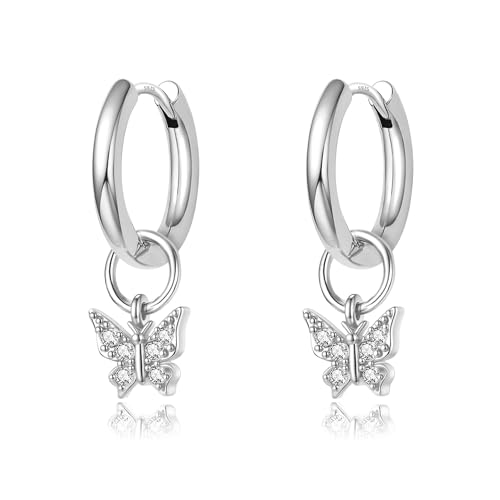 DAILY VIBES Cute Butterfly Star Cross Heart CZ Dangle Earrings for Women - color: Silver Butterfly CZ