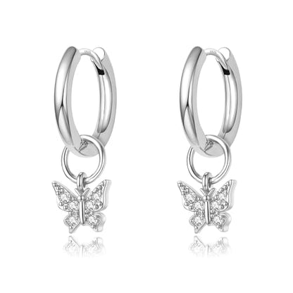 DAILY VIBES Cute Butterfly Star Cross Heart CZ Dangle Earrings for Women - color: Silver Butterfly CZ