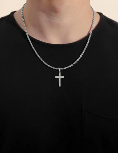 Cross Necklace for Boys Mens Stainless Steel Twisted Rope Chain Cross Pendant Rustproof Necklace for Teen Boy Mens Christian First Communion Confirmation Gifts for Boys - color: Silver