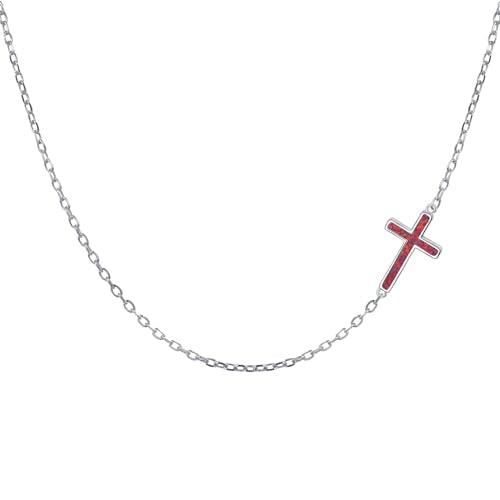 DAOCHONG S925 Sterling Silver Sideways Cross Choker Necklace 14+4 Inch - color: Silver-Created Opal