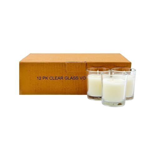 Hosley Set of 12 Ivory Unscented Votive Candles 12 Hour Burn Time Hand-Poured Wax in Clear Glass Holders Long-Lasting, Smokeless Candles for Weddings, Home Décor, Spa & Events. - color: Ivory, size: 12 Pack