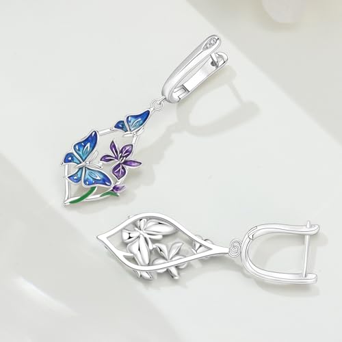 925 Sterling Silver Drop & Dangle Earrings for Women,Butterfly Dragonfly and Bee|Flower and leaf Earrings, Suitable for Sensitive Ears Fashion Jewelry Gift- Hypoallergenic Earrings - color: Butterfly Love Flower Earrings