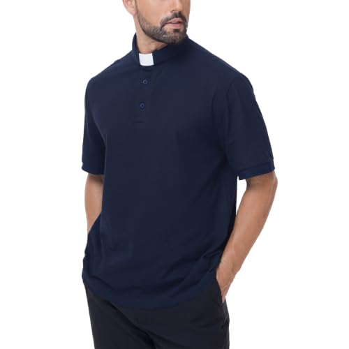 Men's Short Sleeve Clergy Polo Shirt Tab Collar Cotton Blend - color: Navy Blue, size: 3X-Large
