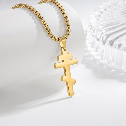 Orthodox stainless steel cross necklace for men and women, simple and retro silver glossy titanium steel cross pendant - color: GOLD-1.2in