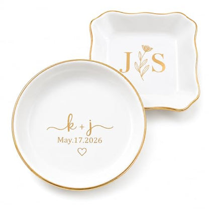 Personalized Jewelry Dish with Initials & Date, Custom Ring Dish for Engagement Rings, Bridesmaid Gifts, Bridal Shower Wedding Gift for Bride, Birthday Graduation Gift for Her Mom - color: Engagement Ring Dish
