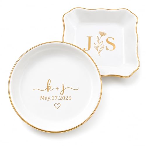 Personalized Jewelry Dish with Initials & Date, Custom Ring Dish for Engagement Rings, Bridesmaid Gifts, Bridal Shower Wedding Gift for Bride, Birthday Graduation Gift for Her Mom - color: Engagement Ring Dish