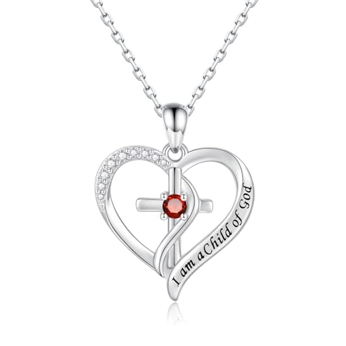 925 Sterling Silver I Am a Child of God Scripture Pendant with Birthstone Heart Cross Communion Necklace for Women Christian Faith Jewelry Gift - color: January