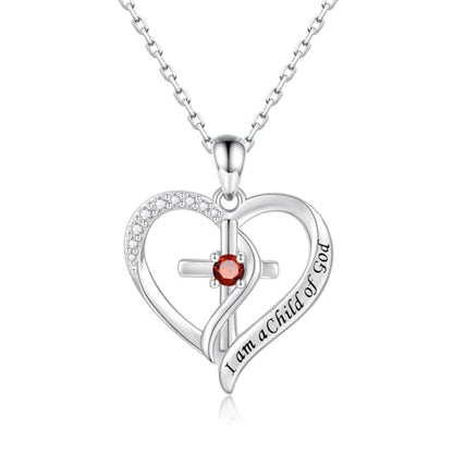 925 Sterling Silver I Am a Child of God Scripture Pendant with Birthstone Heart Cross Communion Necklace for Women Christian Faith Jewelry Gift - color: January