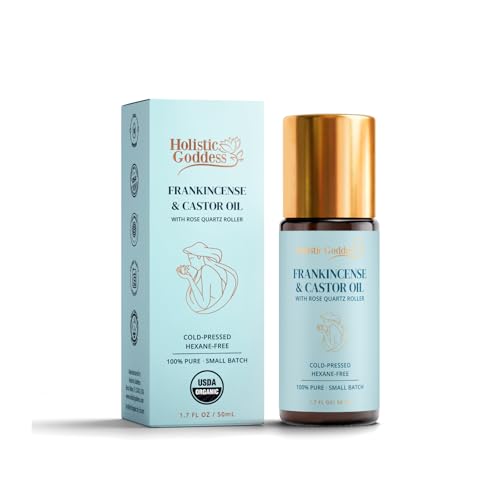 Holistic Goddess Frankincense Castor Oil Roll-On, Rose Quartz Roller, 1.7oz