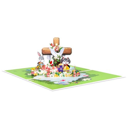 Religious Easter Pop Up Card with Woodgrain Cross, 3D Christian Easter Greeting Card with Rabbit and Floral Eggs, Faith-Inspired Family Easter Gift - color: Cross&Bunnies