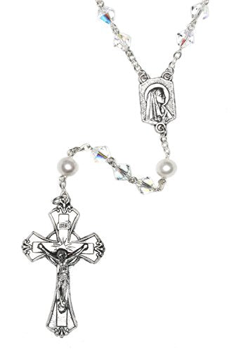 Catholic Prayer Rosary Created with Swarovski® Crystals-Glass-Silver-Gold - color: Clear - April - SILVER