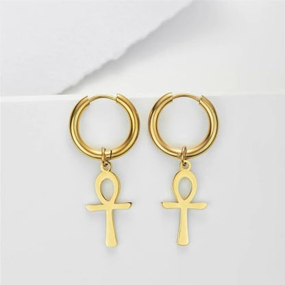 14K Yellow Gold Ankh Earrings For Women Men, The Key Of The Nile Ankh Pendant Symbol Sterling Silver Egyptian Jewelry For Men, Ankh Cross Drop Earrings Women Dangle Earrings Amulet Crucifix Egyptian Earrings For Women, Ankh Necklace Women - color: Ankh Ea