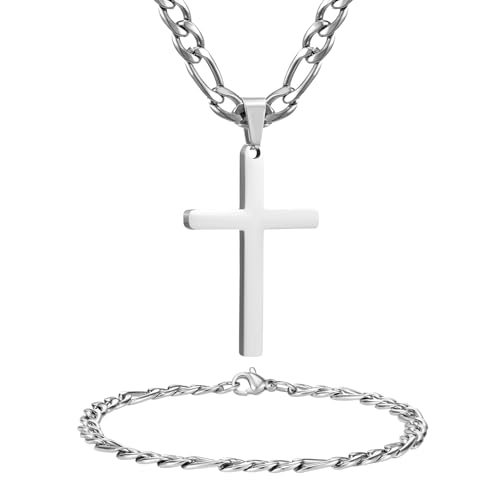 NORBU Stainless Steel Cross Necklace and Bracelet Set for Men, Cuban Link - color: Silver Figaro
