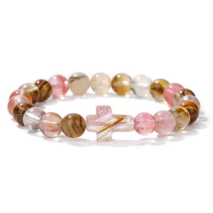 8mm Gemstone Cross Bracelet for Women Men – Stretch Beaded Faith Bracelet with Sideways Cross (Multiple Colors) - style: Watermelon Tourmaline