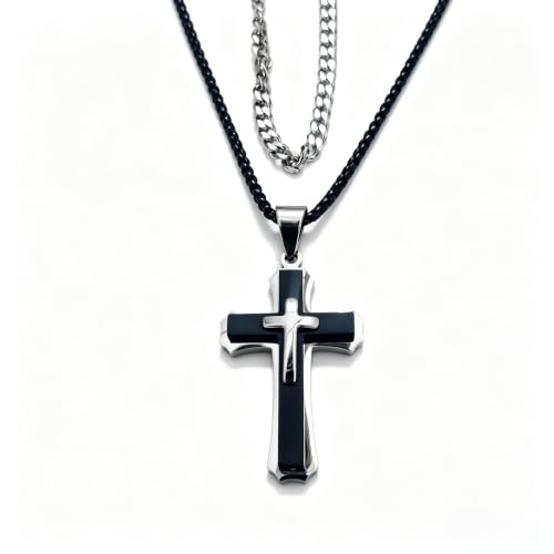 Men's Layered Cross Pendant Necklace, 2.1x1.2 inch Religious Charm, 21.6" 5mm Stainless Steel Cuban Chain, 18K Gold & Black Plated, Bonus 23.6" Square Pearl Chain, Marble Gift Box for Dad - color: Silver & Black
