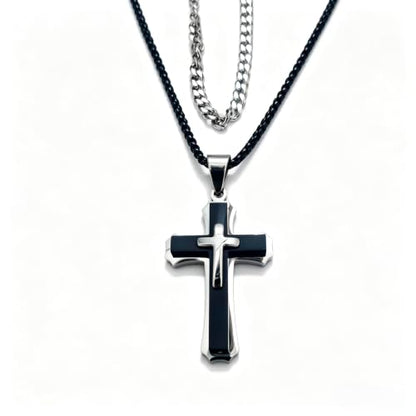 Men's Layered Cross Pendant Necklace, 2.1x1.2 inch Religious Charm, 21.6" 5mm Stainless Steel Cuban Chain, 18K Gold & Black Plated, Bonus 23.6" Square Pearl Chain, Marble Gift Box for Dad - color: Silver & Black