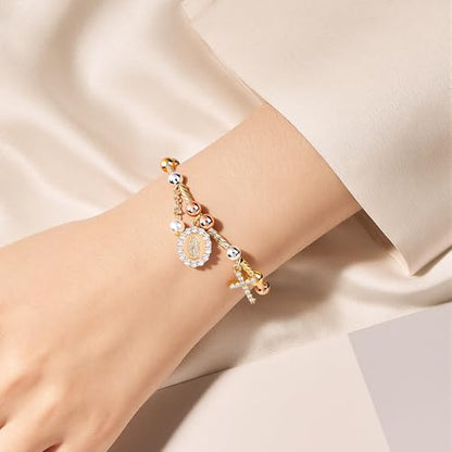 Rosary Cross Bracelet for Women, Gold Virgin Mary Rosary Beads Catholic Bracelet - style: multicolor beads