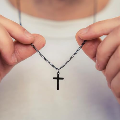 Joxevyia Cross Necklace for 14K Gold Filled Stainless Steel Small Cross Pendant with Cuban Chain Necklace Simple Faith Jewelry Christmas Gift for Men Women 16-24 Inches - size: 24 inches, style: black cross necklace 0.8"*0.4"