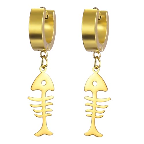 UNIFT Fishbone Earring for Women Stainless Steel Minimalist Fish Skeleton Pendant Earring Ocean Animal Jewelry Gift for Fish Lovers - color: gold 1