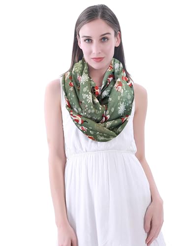 Lina & Lily Holiday Christmas Pattern Print Women's Infinity Scarf Lightweight - color: Green White, Xmas Santa Claus Snowman