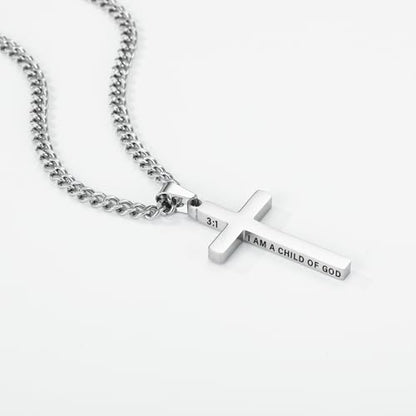 Gnamy Cross Necklace for Men Boys Stainless Steel Bible Verse Cross Pendant with Cuban Link Chain (22+2 Inches) | Christian Religious Jewelry Gifts - color: Silver, style: I AM A CHILD OF GOD